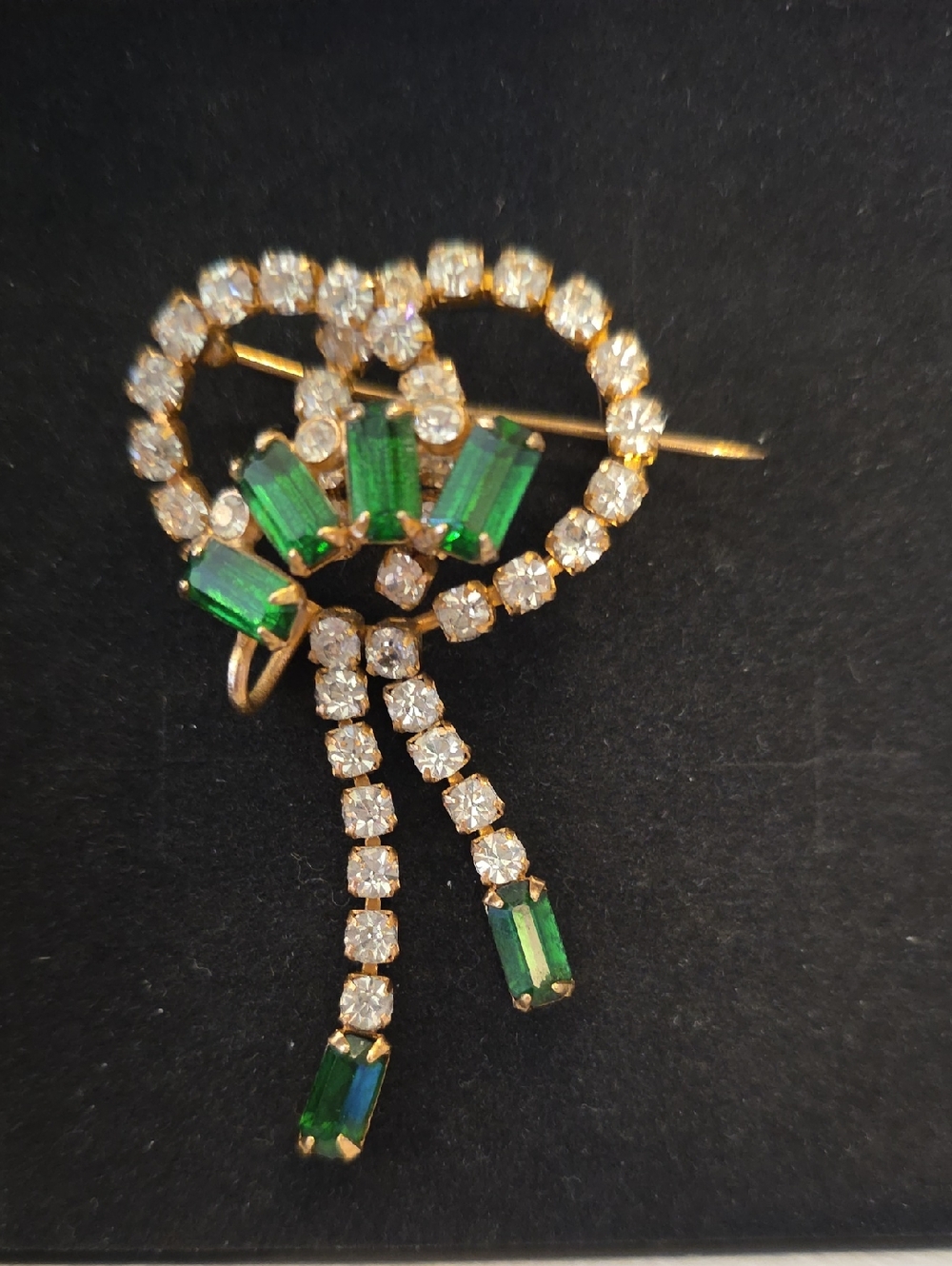 Vintage Emerald Baguette Clear Round Rhinestone Dangle Brooch Gold Tone Setting